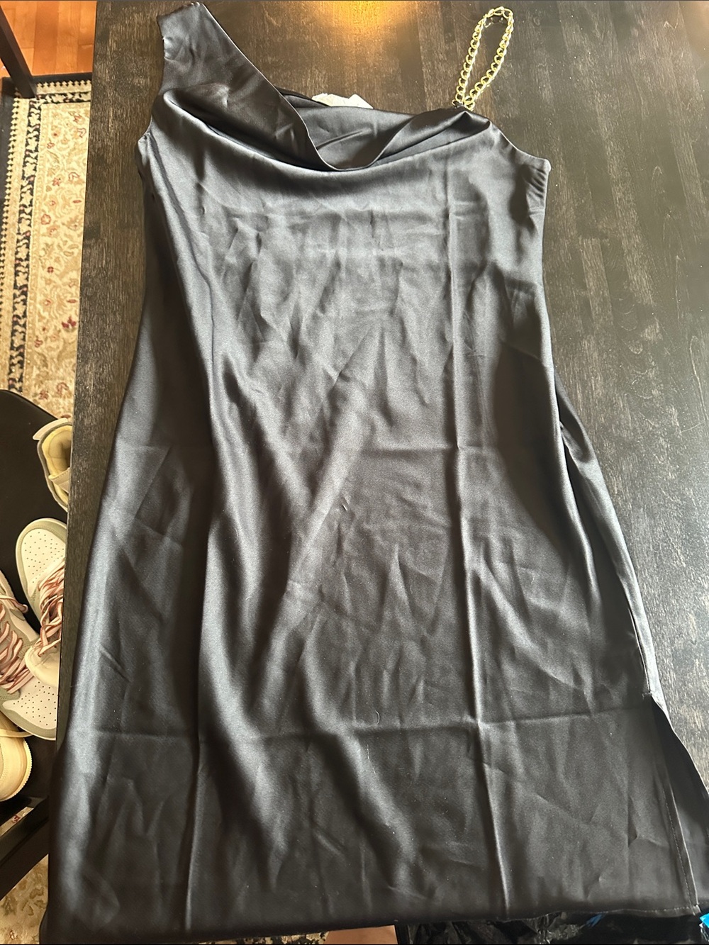 Pink Rose Black One-Shoulder Dress with Gold Chain Strap